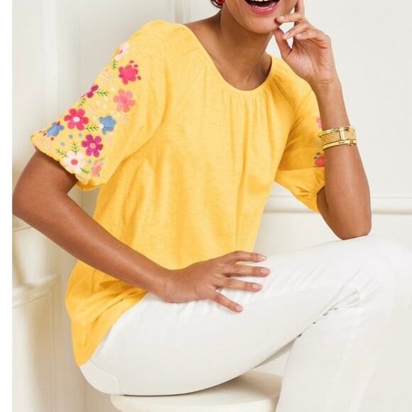 Talbots Butter Yellow Floral Embroidered Cotton Modal Top Size Small - Picture 1 of 8